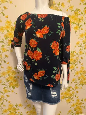 Off-Shoulder Navy Floral Women's Top with Orange Blooms size M thumbnail 4