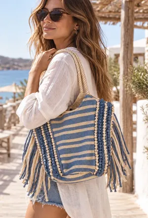 NWOT Blue Cream Boho Fringe Tote Bag Rope Handle thumbnail 1