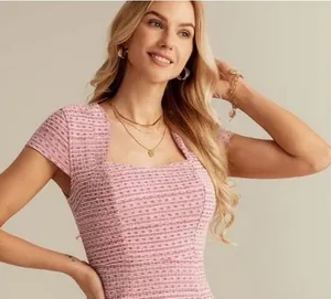 Grace Karin Pink Tweed Square Neck Mini Fit and Flare Dress Sz S VTG 60s Insp thumbnail 1