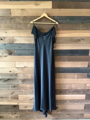 Vintage Y2K Cachet Black Satin Cowl Neck Ruffle Maxi Dress Size 8 thumbnail 7