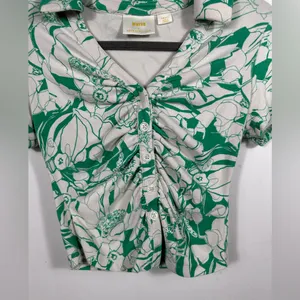 Maeve Anthropologie Green‎ Floral Ruched Button Front Top Size Small Collared thumbnail 7