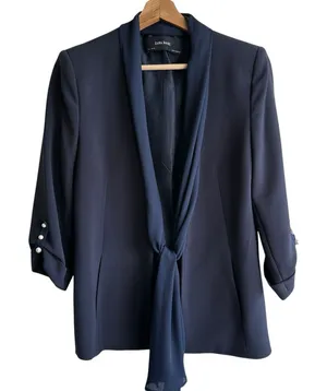 Zara Blazer Sz L Navy Blue Jacket Scarf Tie Women’s Preppy Workwear thumbnail 1