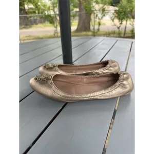 Tory Burch Melinda Ballet Flats Metallic Gold Leather Double T Logo Size 7.5 M thumbnail 5