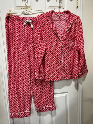 Victoria's Secret Flannel Reindeer Prints Pajama Set Size Large Red Black White thumbnail 1