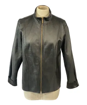 Reversible Faux Black Leather Moto & Animal Print Lightweight Jacket thumbnail 1