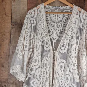 Veveret Ivory Floral Lace Kimono Duster Sheer Boho Bridal Swim Cover Up M/L thumbnail 4