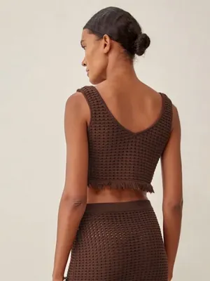 Reformation Lieta Open Knit Top Small Brown Crochet Festival Fringe Chic Fall thumbnail 3