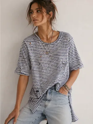 We The Free People Tommy Destroyed Blue White Striped Grunge Edgy Tshirt‎ thumbnail 1