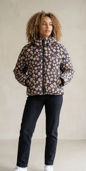 Rip Curl Black Puffer Jacket with Cream Floral Print thumbnail 1