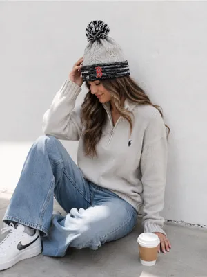 New Era Women’s Boston Red Sox Snow Crown Redux Knit Pom Beanie Hat Gray Black thumbnail 5