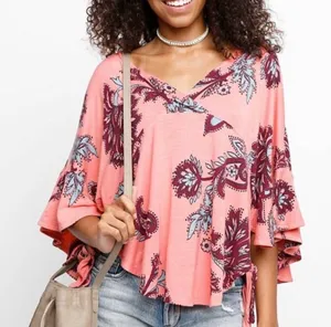 Free People Maui Wowie Pink Paisley Boho Top XS Oversized Flowing Side Ties thumbnail 1