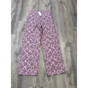 Shekou Pink Smiley Face Print High Waisted Wide Leg Jeans Womens Medium NEW thumbnail 5