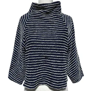 ZARA Striped Textured Mock Neck 3/4 Sleeve Sweater Top Navy White Size Medium thumbnail 1