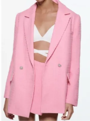 Zara Pink Tweed Blazer & Skort Shorts Set Double Breasted Flat Front Size XS thumbnail 1