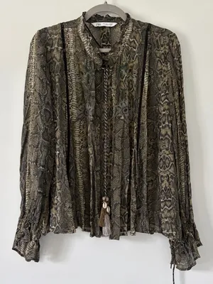Zara Green Tan Python Snake Print Open Front Tassel Embroidered Blouse Large thumbnail 1