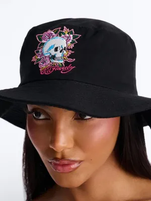ED HARDY Black Embroidered Pink Roses and Skull Bucket Hat NWT thumbnail 2