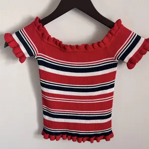 Almost Famous Y2K Striped Off the Shoulder Ribbed Knit Sweater Crop Top thumbnail 1