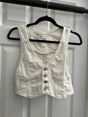 Free People Rider Denim Vest - Cropped Button Front, Ivory, Boho Western size XS thumbnail 3
