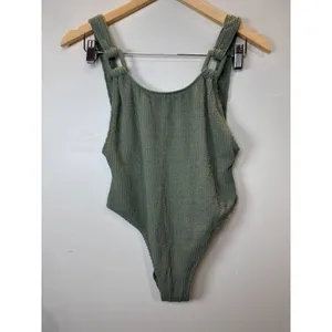 Aerie One Piece Swimsuit Womens Medium Green Waffle Knit Ring Strap Swim thumbnail 3