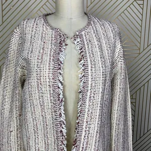 Theory Galinne Speckle Boucle Knit Fringe Sweater Jacket Cream Red Size Small‎ thumbnail 5