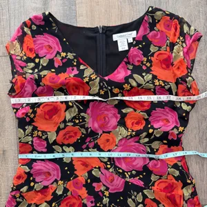 100% Silk Floral‎ Midi Dress Pink Red Black Size 14 Derby Rose Cottage Romantic thumbnail 5