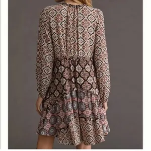Anthropologie Women’s Tiered V Neck Mini Dress Neutral‎ Motif Size X Small thumbnail 2