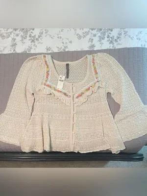 NWT Anthropologie Cream Crochet Knit Button-Front Sweater with Ruffle Trim thumbnail 5