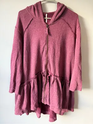 Free People Full Zip Sweatshirt Ruffle Flowy Hippie Boho Red Pink Size S M thumbnail 2