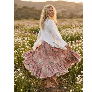 Free People Ethereal Dainty Cottage Prairie Bordeaux Floral Maxi Skirt Large thumbnail 12
