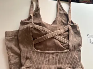 Boutique Level Up Washed Romper Camel thumbnail 3