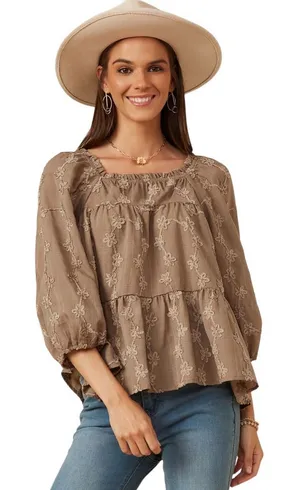 Hayden Women’s Brushed Floral Detailed Puff Sleeve Square Neck Top L thumbnail 1