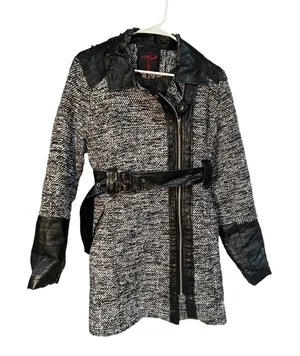 Yoki Outerwear Collection Womens Size Large Coat Jacket Black Gray Tweed Leather thumbnail 1