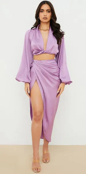 House Of CB CONSTANCE LILAC SILKY SATIN DRAPED SKIRT thumbnail 1