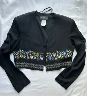 John Roberts VTG Y2k Black Embroidered Cropped Blazer Jacket S8 thumbnail 2