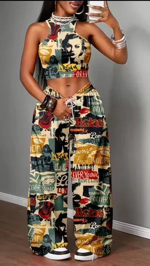 Women’s Vintage Graphic Print Crop Top & Wide-Leg Pants Two-Piece Set thumbnail 1