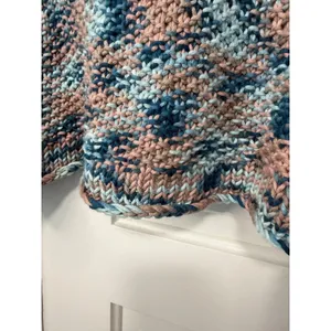 Handmade Chunky Knit Boat Neck Sweater Blue Pink Marled Bell Sleeve Pullover thumbnail 4