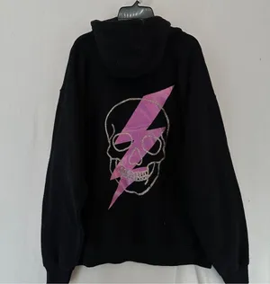 Black Graphic Skull Lighting Bolt Hoodie Size L thumbnail 3