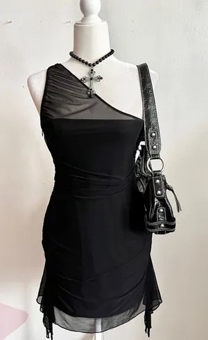 Oh Polly Black Mesh Asymmetrical Mini Dress Y2K 2000s‎ Indie Sleaze Grunge Small thumbnail 1