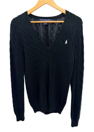 Ralph Lauren Black Cable Knit V-Neck Cotton Sweater L Preppy Coastal Old Money L thumbnail 1
