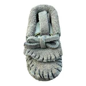 Minnetonka Suede Moccasin Keychain Key Ring Dark Grey Fringed Mini Shoe NIB thumbnail 2