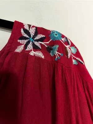 Free People Te‎ Amo Red Blue Floral Embroidered V Neck Babydoll Mini Dress thumbnail 7