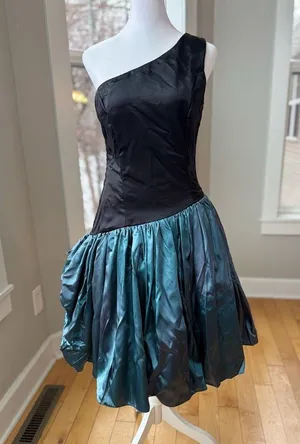 Vintage 80’s Black Teal Satin One Shoulder Prom Dress Sz Small thumbnail 5