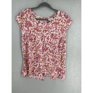 Haute Hippie Style Womens Top Floral Linen Button Back Cap Sleeve Pink Medium thumbnail 2