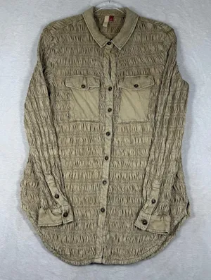 Pilcro and the Letterpress Smocked Button Down Shirt Khaki Tan Small OB1665520 thumbnail 1