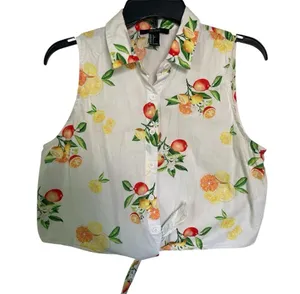 Forever 21 White Tropical Fruit Print Crop Top Sleeveless Button Tank Sz Large thumbnail 1
