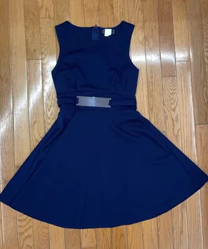 Sleeveless Navy Fit-and-Flare Mini Dress with Decorative Belt thumbnail 1