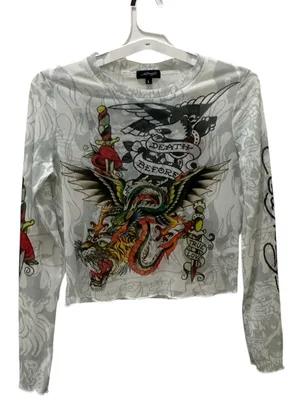 Ed Hardy Dragon Dagger white mesh long sleeve crop top Large Y2K thumbnail 3