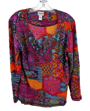 Chico's Colorful Paisley Women's Blouse beaded M/8 v-neck boho casual sequin thumbnail 1