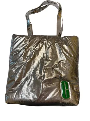 Clinique Silver Metallic Puffer Style Tote Green Interior Snap Closure NWOT thumbnail 1