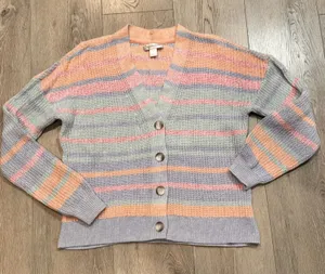 Christopher & Banks Cardigan‎ Large L Button Sweater Pastel Stripes Pink Blue thumbnail 1